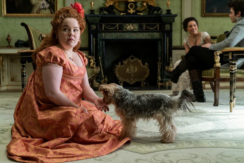 Nicola Coughlan as Penelope Featherington (front) with Ruby Barker as Marina Thompson and Luke Newton as Colin Bridgerton in  Bridgerton. Photograph: Liam DanieL/Netflix