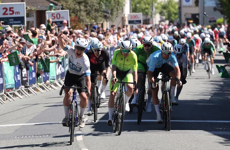 Liam Flanagan celebrates winning Sunday's fifth stage. Photograph: Lorraine O'Sullivan  
