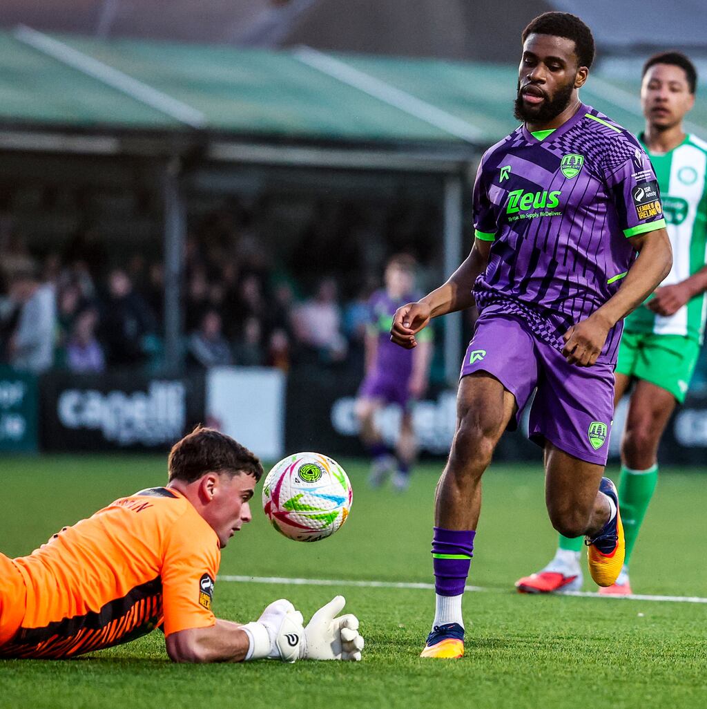 Cork City's Hans Mpongo in action against James Corcoran of Bray Wanderers. Photograph: Nick Elliott/©INPHO