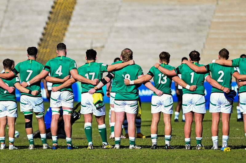 The Ireland team stand for a moment’s silence in memory of Greig Oliver following an accident in South Africa. 2023 World Rugby Under-20 Championships, Danie Craven Stadium, Stellenbosch, 1 July 2023. Photograph: Steve Haag Sports/Darren Stewart/Inpho