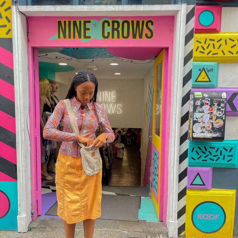 Zipped patterned jacket and yellow cargo skirt from Nine Crows Temple Bar, Dublin; prices start at €10 for shirts and €15 for skirts