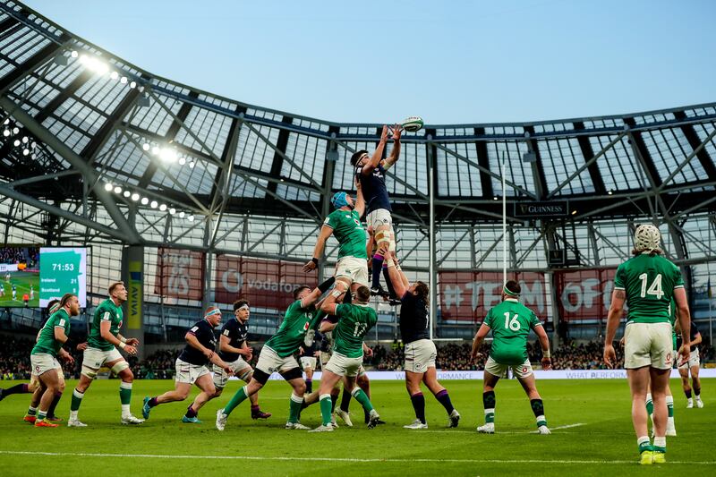Ireland and Scotland battle for possession at a lineout during last season's clash at the Aviva Stadium. Photograph: Ben Brady/Inpho
