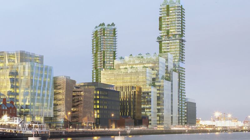 A computer-generated image of RGRE’s Waterfront South Central scheme as seen from the River Liffey