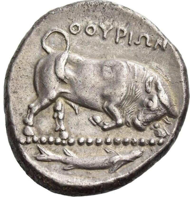 The Irish shilling was modelled on 4th-century BCE coins such as this from Thurii, an ancient Greek city in Southern Italy.  Photograph: Prof Christine Morris