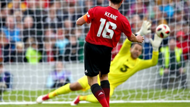 Goalkeeper David Forde denies   Roy Keane from the penalty spot. Photograph: James Crombie/Inpho