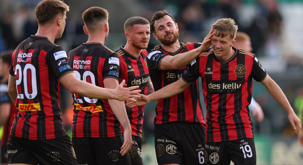 Bohs’ Jordan Flores celebrates with winning goalscorer Rhys Brennan. Photograph: James Crombie/Inpho