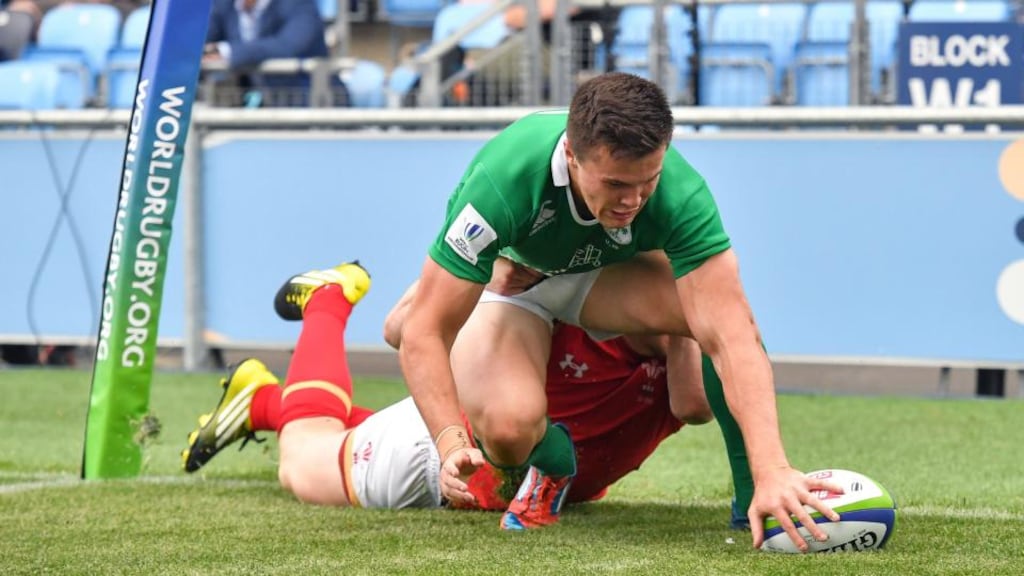 Ireland fullback Jacob Stockdale touches down for a try in the World Rugby Under-20 Championship at Manchester City Academy Stadium. Photograph: Dave Howarth/Inpho/Camerasport/