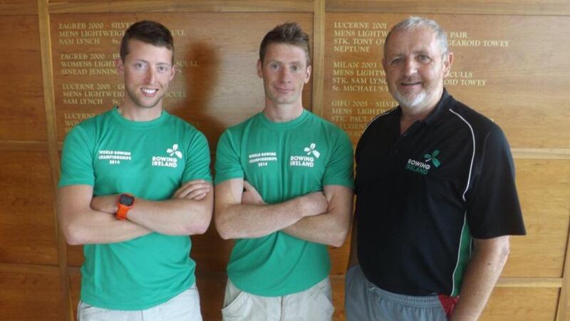 The Ireland men’s pair of Mark O’Donovan and Niall Kenny, who will be competing at the World Championships in Bosbaan, near Amsterdam, which start on Sunday,  with coach John Holland.