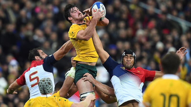 Kane Douglas in action for Australia against  France lock Yoann Maestri. Photograph: Franck Fife/AFP/Getty Images