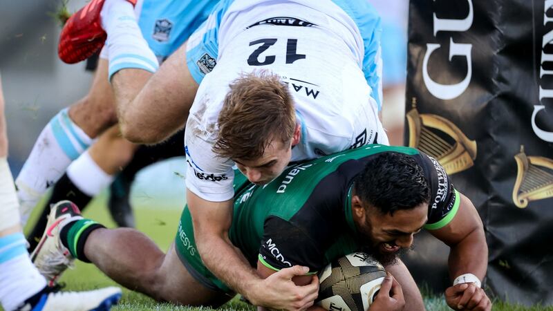 Connacht’s Bundee Aki gets over for a try during the Guinness Pro 14 game against the Glasgow Warriors at  The Sportsground in Galway. Photograph: Billy Stickland/Inpho