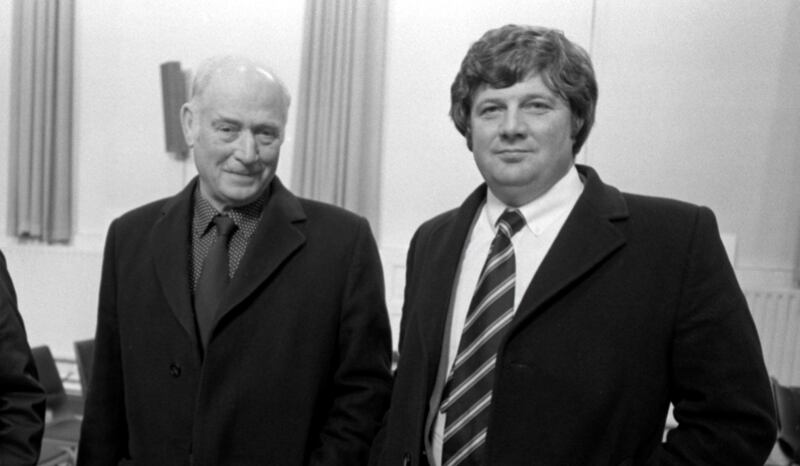 Patrick Butterly and his son Eamon Butterly on the last day of the 1981 Stardust inquiry. Photograph: Peter Thursfield