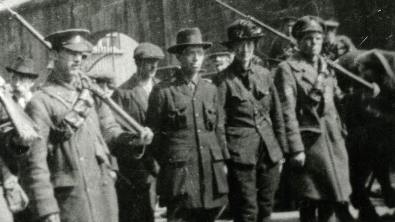Michael Mallin and Countess Markievicz being escorted away by government troops, Easter Rising 1916. Photograph: National Museum of Ireland