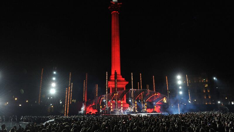 U2 perform in Trafalgar Square, London, tonight, ahead of the MTV Europe Music Awards tomorrow. Photograph: Nick Ansell/PA Wire