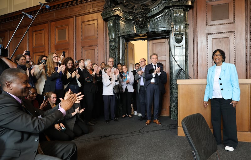 Navi Pillay after she was awarded the 2026 Nobel Peace Prize in Nuremberg's Palace of Justice, Germany. Photograph: Frank Boxler/AFP via Getty Images