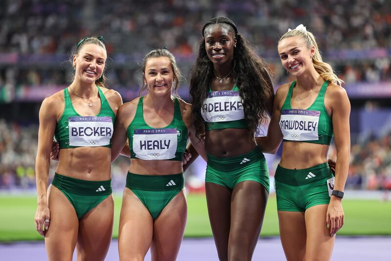 Ireland’s Sophie Becker, Phil Healy, Rhasidat Adeleke and Sharlene Mawdsley after missing out on the bronze medal in the Women’s 4x400m Relay Final at the Paris Olympics. Photograph: Inpho