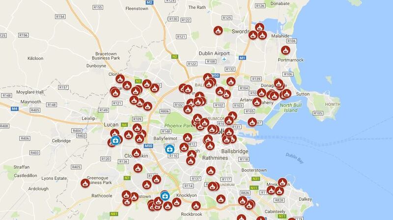 Dublin Fire Brigade posted a map with a little fire symbol for each incident it responded to on Monday evening.