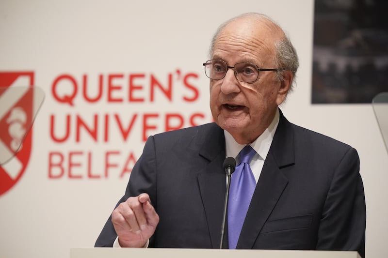George Mitchell speaking during the three-day international conference at Queen's University Belfast