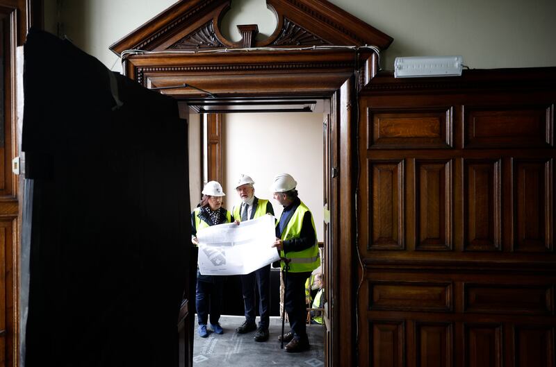 Irish Heritage Trust chair Clare McGrath, Minister of State for Heritage Malcolm Noonan and Poetry Ireland chair Ciaran Branson at 11 Parnell Square East in June 2024. Photograph: Nick Bradshaw