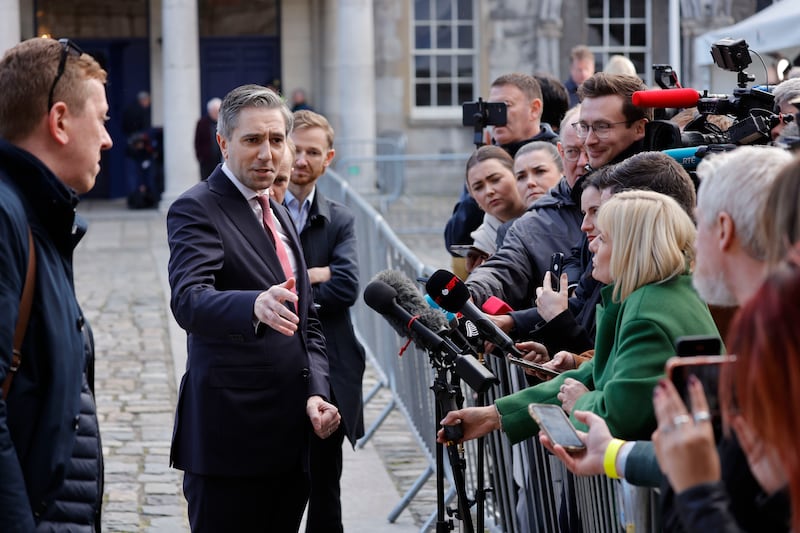 Taoiseach Simon Harris speaking to media at Dublin Castle on Saturday. Photograph: Alan Betson/The Irish Times