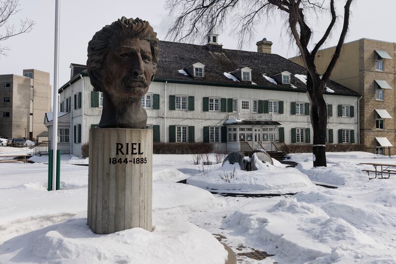A bust of Louis Riel, the storied political leader of the Métis people, sits outside Le Musée de Saint-Boniface, a keeper of Francophone and Métis heritage in Winnipeg, Manitoba, Canada. Photograph: Nasuna Stuart-Ulin/The New York Times
                      