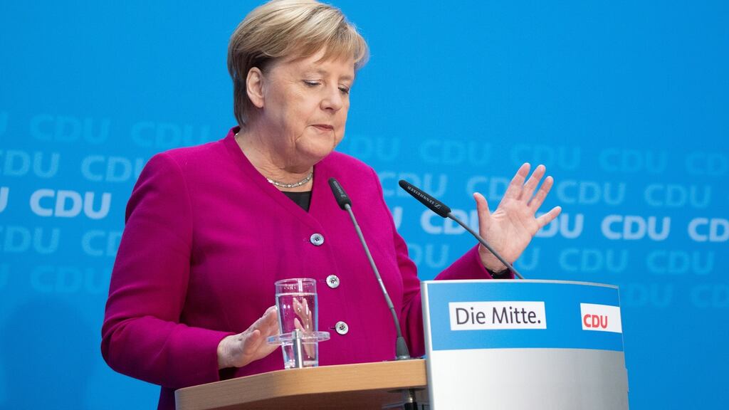 German chancellor Angela Merkel during a press conference after the board meeting of Christian Democratic Union (CDU) party in Berlin, Germany, on Monday. Photograph:  Omer Messinger/EPA