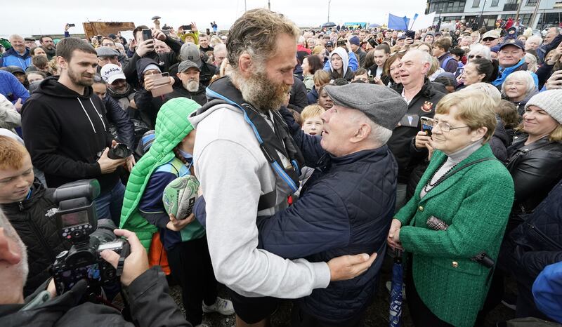 Crowds greet Damian Browne as he arrives in Galway. Photograph: Niall Carson/PA