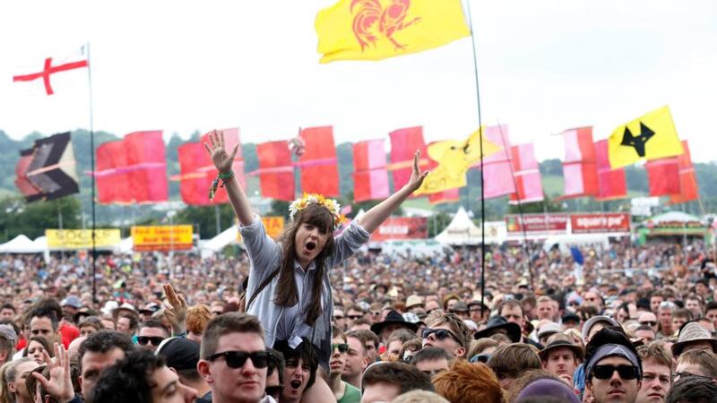 The crowd cheer for Liam Gallagher at the Other Stage during the Glastonbury music festival at Worthy Farm in Somerset, this morning. Photograph: Reuters/Olivia Harris