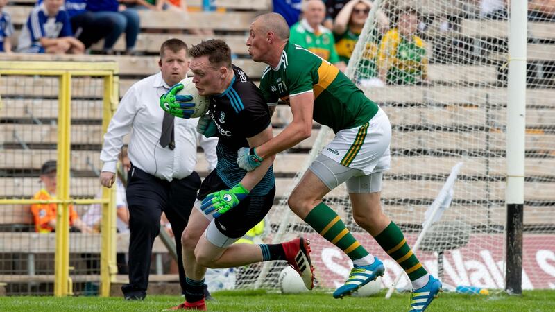 Monaghan’s Rory Beggan with Kieran Donaghy of Kerry at the All-Ireland SFC quarter-final phase 2 at St Tiernach’s Park, Clones. Photograph: Morgan Treacy/Inpho