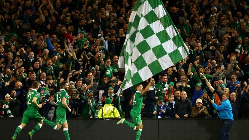 Jon Walters celebrates after scoring the opening goal from the penalty spot during the 2015 playoff against Bosnia and Herzegovina at the Aviva Stadium. Photograph:  Ian Walton/Getty Images