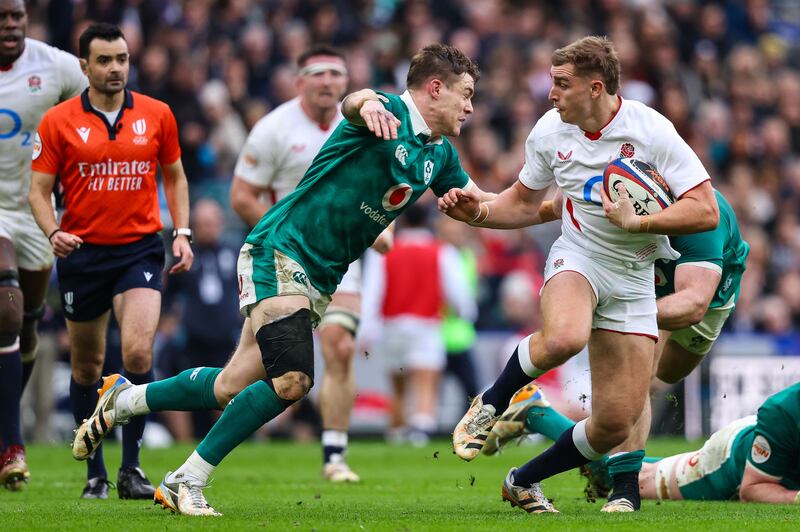 England's Jack van Poortvliet is tackled by Garry Ringrose of Ireland during last Saturday's Six Nations match at Twickenham. Photograph: Ben Brady/Inpho