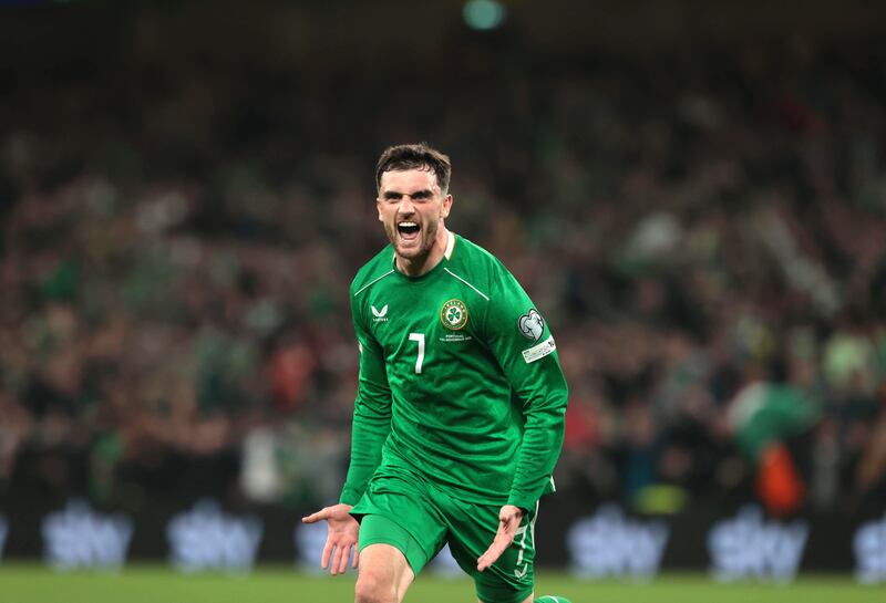 Republic of Ireland's Troy Parrott celebrates scoring. Photograph: Liam McBurney/PA