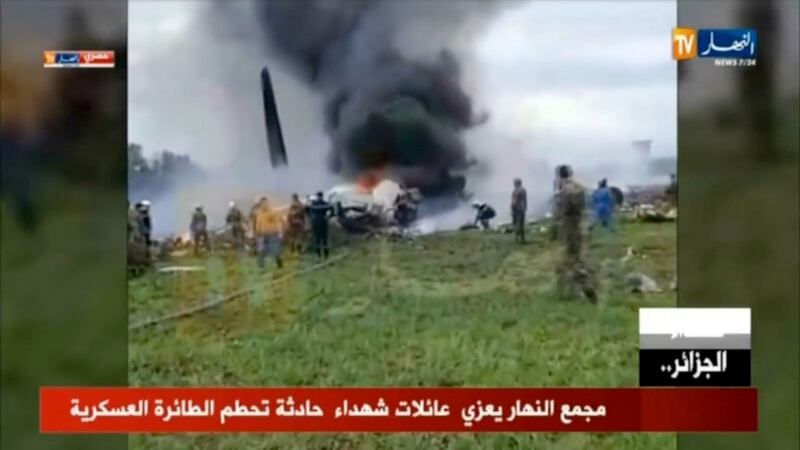 A grab from a video brodcast by Algeria’s Ennahar satellite television channel  shows the scene of the crash of a transport plane which  crashed shortly after taking off from an airbase outside the capital Algiers. Photograph: Ennahar TV/AFP/Getty Images
