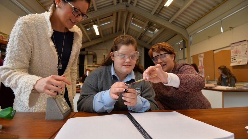 Science teacher Michelle Horan, student Keisha Byrne, and special needs assistant Mary Bolger at St Brendan’s Community School in Birr, Co Offaly. Photograph: Alan Betson / The Irish Times