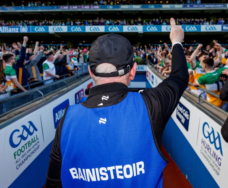 Offaly’s joint manager Mickey Harte celebrates
victory over Kildare in the Division 3 final in Croke Park. Photograph: James Crombie/Inpho
