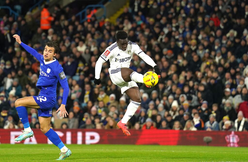 Leeds United's Wilfried Gnonto (right) scores his side's first goal. Photograph: Mike Egerton/PA