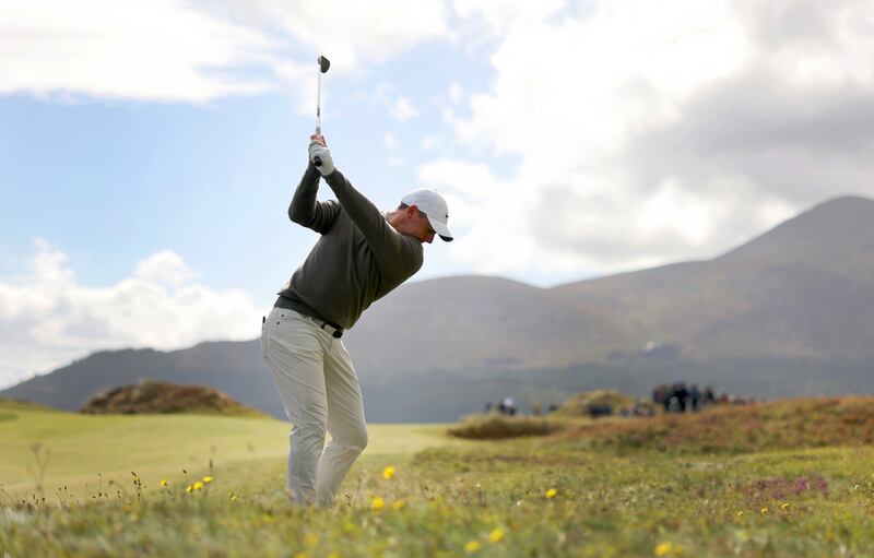 Rory McIlroy of Northern Ireland plays his second shot on the eighth hole on Wednesday during a Pro-Am before the 2024 Irish Open at Royal County Down Golf Club. Photograph: Jan Kruger/Getty Images