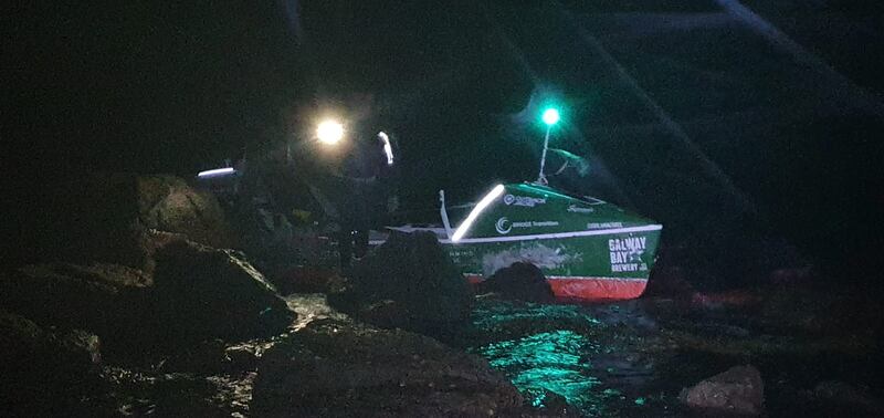 Galway man Damian Browne has been rescued at Furbo Beach near An Spidéal after rowing from New York to Galway in a small boat