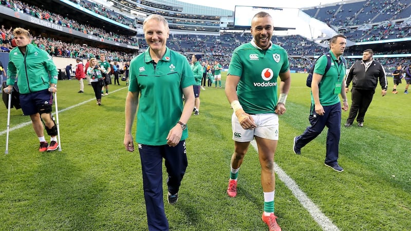 Simon Zebo with Ireland head coach Joe Schmidt following the victory over New Zealand at Soldier Field in Choicago in November 2016. Photograph: Dan Sheridan/Inpho