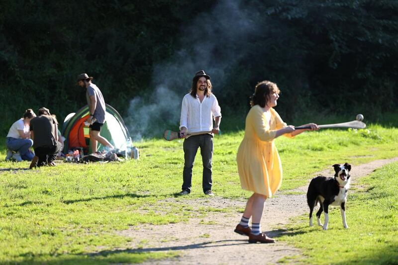 Warming up before the gig. Photograph: Dara Mac Donaill