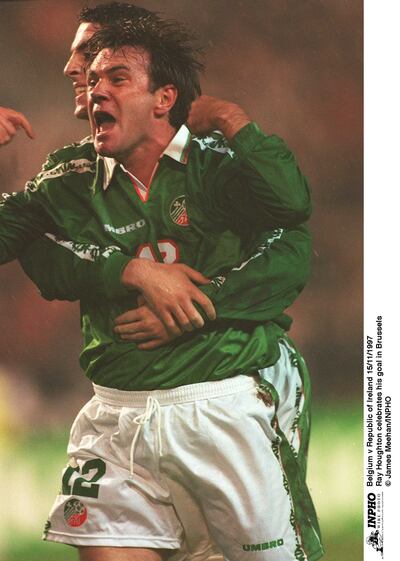 Ray Houghton and Ireland's joy did not last long against Belgium in 1997. Photograph: James Meehan/Inpho