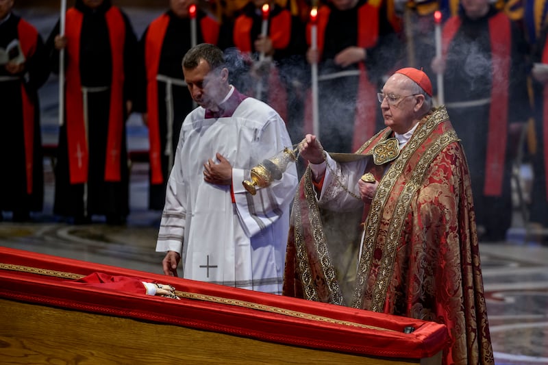 Cardinal Kevin Farrell officiates in his capacity as Camerlengo as the body of Pope Francis lies in state in St Peter's Basilica last month. Photograph: Antonio Masiello/Getty