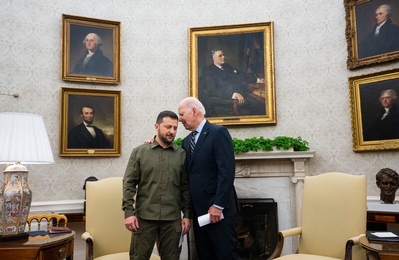 President Volodymyr Zelenskiy of Ukraine and President Joe Biden in the Oval Office of the White House in Washington, September 21st, 2023. Photograph: Doug Mills/New York Times 