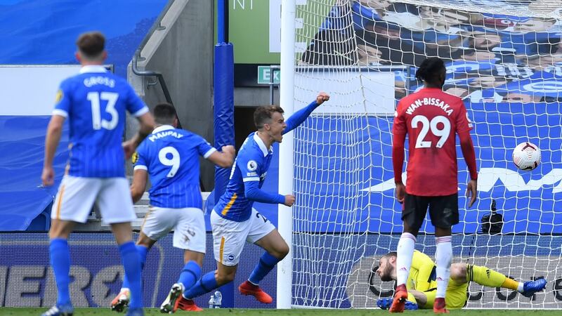 Solly March celebrates Brighton’s late equaliser against Manchester United. Photograph: Glyn Kirk/Getty/AFP