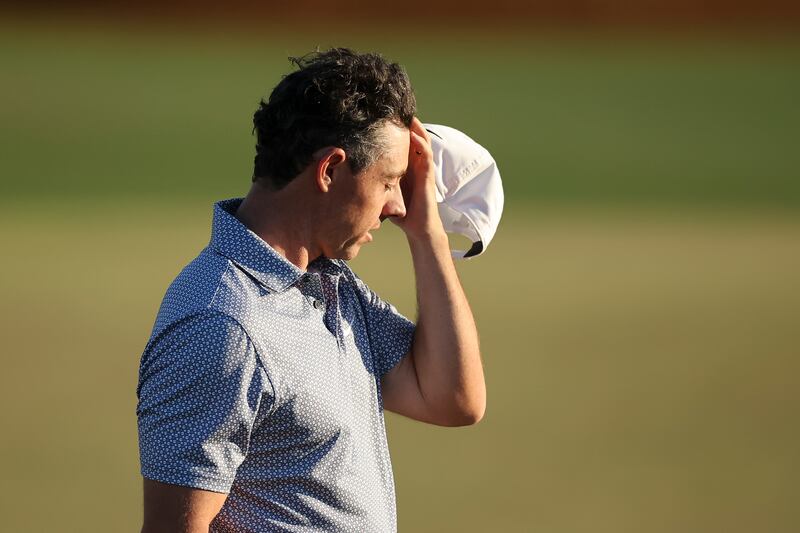 Rory McIlroy of Northern Ireland reacts on the 18th green during the third round. Photograph: Hector Vivas/Getty