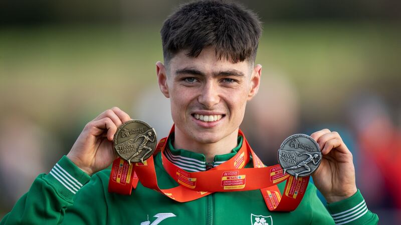 Darragh McElhinney with his silver medal for individual and gold team medal in the Under-23 category. Photograph: Morgan Treacy/Inpho