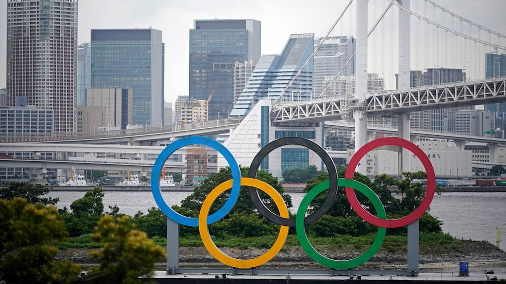 A giant Olympic rings monument  at Odaiba Marine Park in Tokyo. About 90,000 athletes, officials, journalists, sponsors and support staff are expected to descend  on the city in  July. Photograph: Franck Robichon/EPA