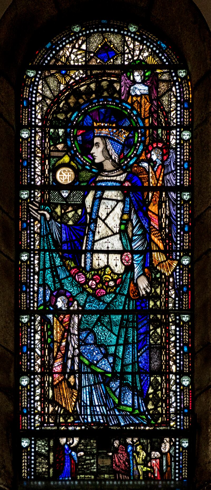 St Elizabeth of Hungary, (1934) single-light stained glass window, in the chapel of the Sacred Heart Convent, Mount Anville, Dundrum, Dublin. Reproduced courtesy of Mount Anville Sacred Heart Education Trust and with the permission of the King Estate. Photograph: Jozef Vrtiel