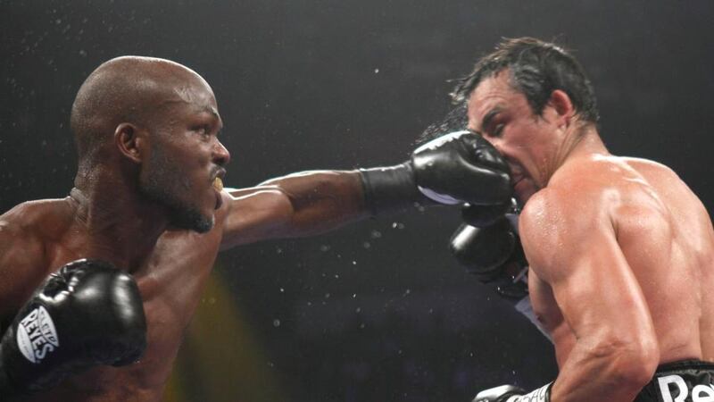 Undefeated WBO welterweight champion Timothy Bradley Jr. (left)  punches on Juan Manuel Marquez of Mexico during their title fight at the Thomas & Mack Centre in Las Vegas, Nevada. Photograph: Steve Marcus/Reuters