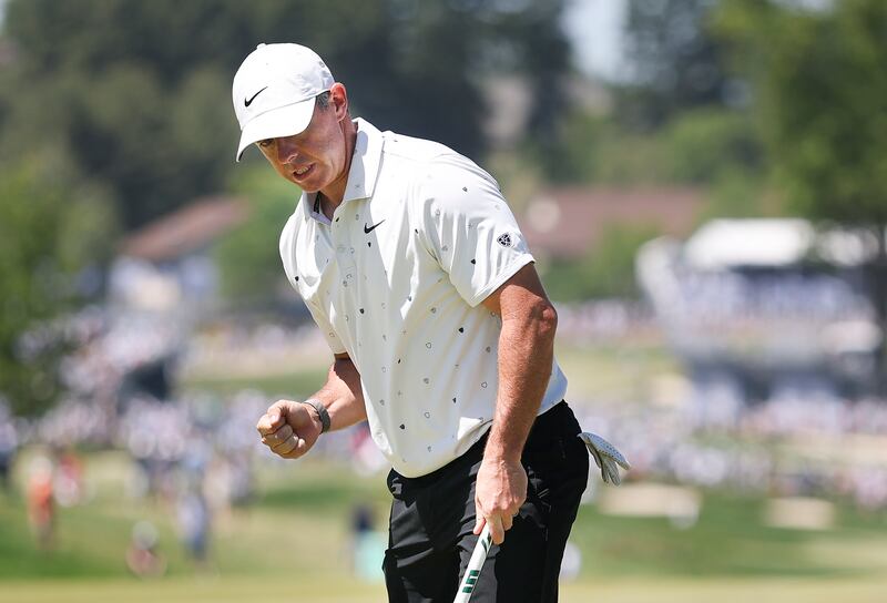 Rory McIlroy of Northern Ireland reacts after making a par. Photograph: Richard Heathcote/Getty