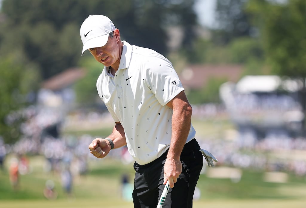 Rory McIlroy reacts after making a par on the 15th hole during the third round of the PGA Championship at Aronimink Golf Club. Photograph: Richard Heathcote/Getty